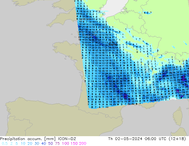 Precipitation accum. ICON-D2 gio 02.05.2024 06 UTC