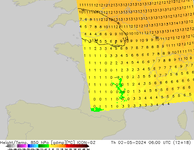 Height/Temp. 850 hPa ICON-D2  02.05.2024 06 UTC