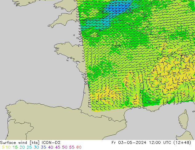 Surface wind ICON-D2 Fr 03.05.2024 12 UTC