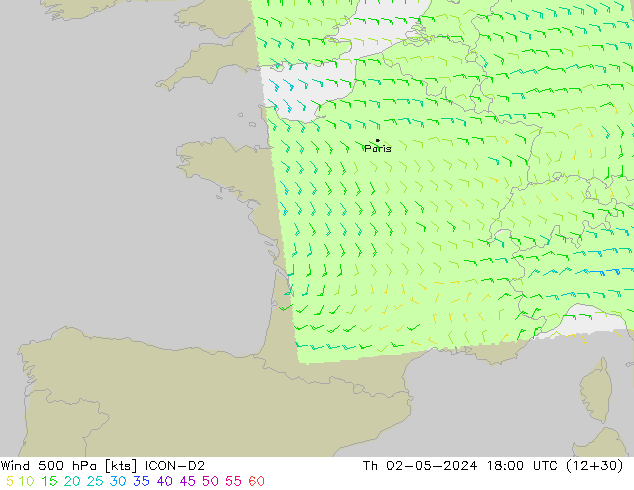 wiatr 500 hPa ICON-D2 czw. 02.05.2024 18 UTC