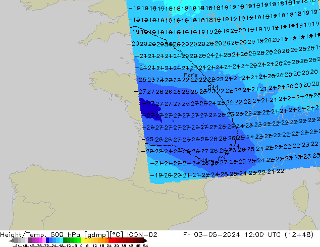 Height/Temp. 500 hPa ICON-D2 pt. 03.05.2024 12 UTC