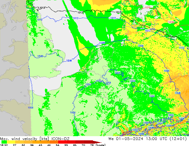 Max. wind velocity ICON-D2 We 01.05.2024 13 UTC