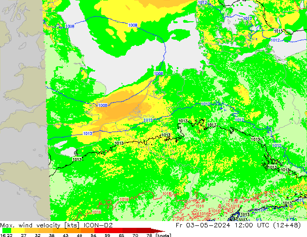 Max. wind velocity ICON-D2 Fr 03.05.2024 12 UTC