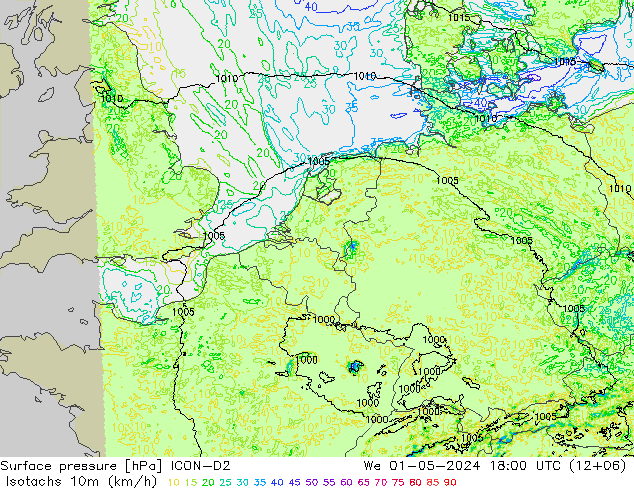 Isotachen (km/h) ICON-D2 Mi 01.05.2024 18 UTC