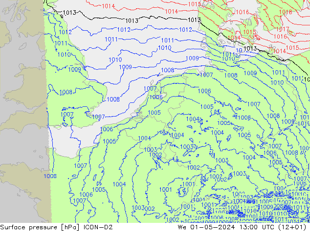 Luchtdruk (Grond) ICON-D2 wo 01.05.2024 13 UTC