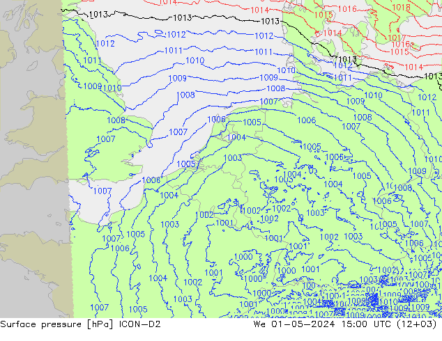 Surface pressure ICON-D2 We 01.05.2024 15 UTC