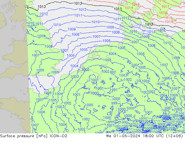 Pressione al suolo ICON-D2 mer 01.05.2024 18 UTC