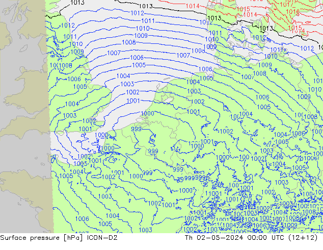 Surface pressure ICON-D2 Th 02.05.2024 00 UTC