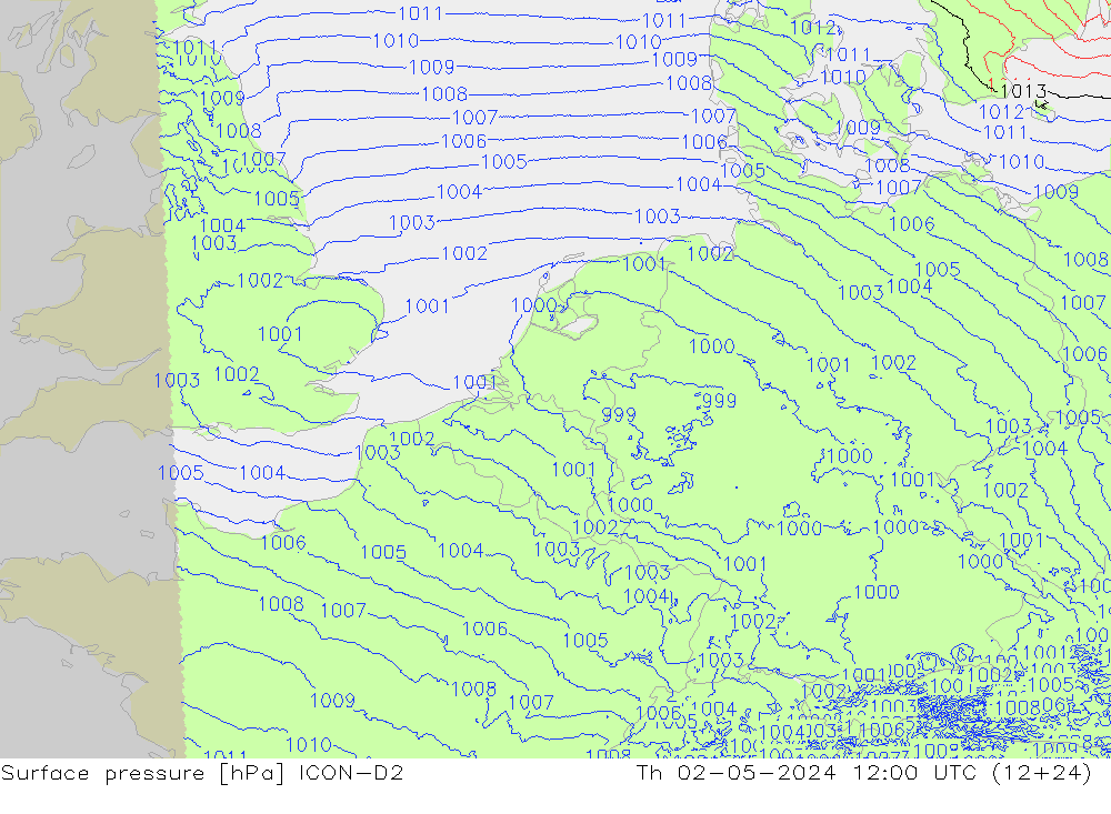 Atmosférický tlak ICON-D2 Čt 02.05.2024 12 UTC