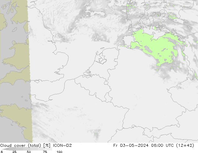 nuvens (total) ICON-D2 Sex 03.05.2024 06 UTC