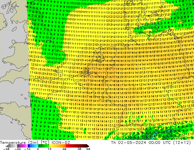 Temperatura (2m) ICON-D2 Qui 02.05.2024 00 UTC