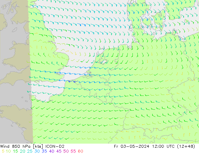 Vento 850 hPa ICON-D2 ven 03.05.2024 12 UTC