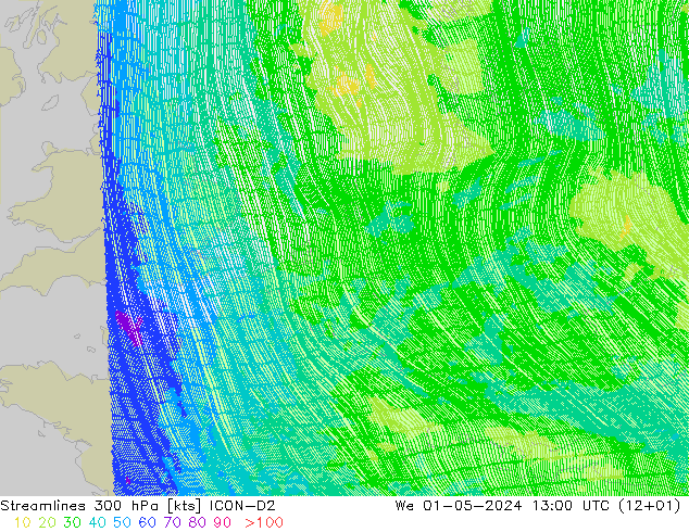 Stromlinien 300 hPa ICON-D2 Mi 01.05.2024 13 UTC