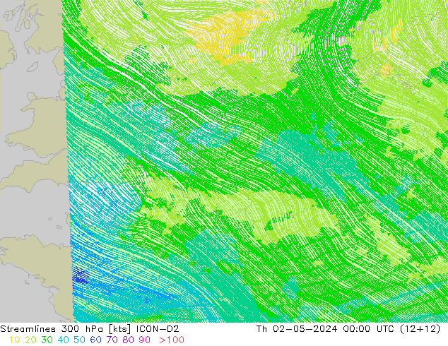 Linha de corrente 300 hPa ICON-D2 Qui 02.05.2024 00 UTC