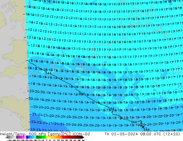 Height/Temp. 500 гПа ICON-D2 чт 02.05.2024 08 UTC