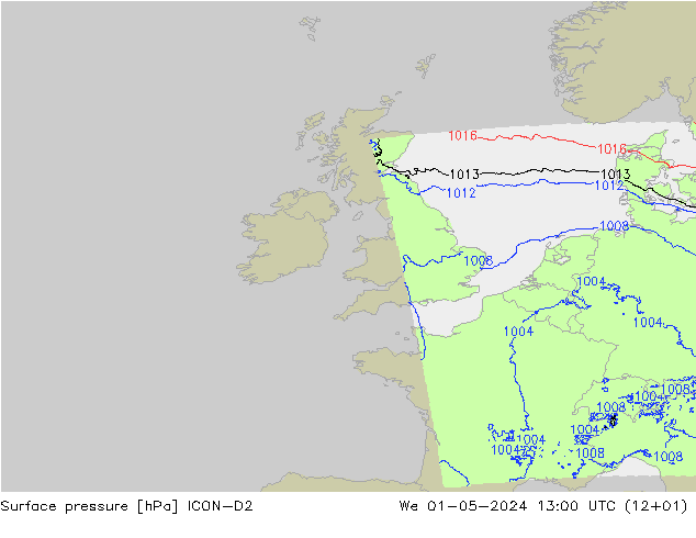 Pressione al suolo ICON-D2 mer 01.05.2024 13 UTC