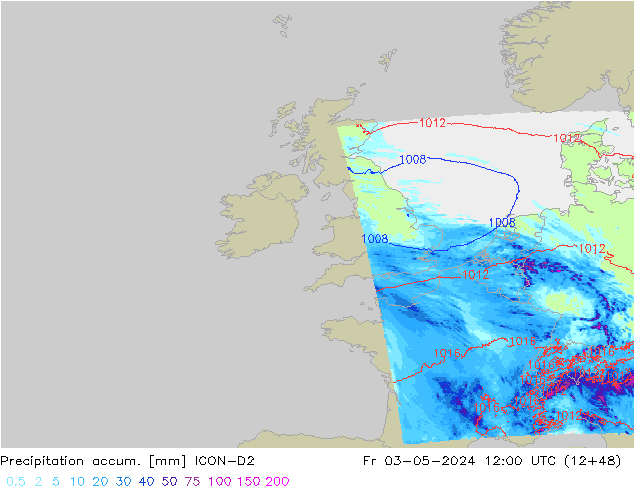 Totale neerslag ICON-D2 vr 03.05.2024 12 UTC