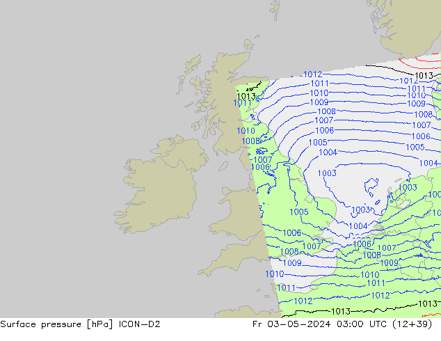 Presión superficial ICON-D2 vie 03.05.2024 03 UTC