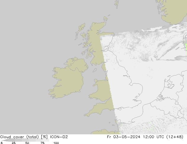 Cloud cover (total) ICON-D2 Fr 03.05.2024 12 UTC