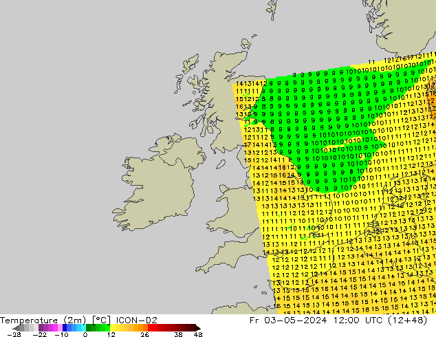 Temperatura (2m) ICON-D2 Sex 03.05.2024 12 UTC