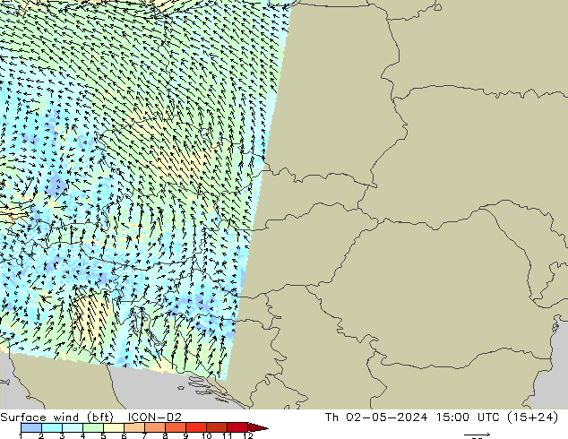 Surface wind (bft) ICON-D2 Čt 02.05.2024 15 UTC