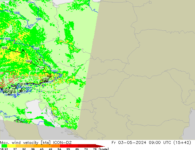 Max. wind velocity ICON-D2 Fr 03.05.2024 09 UTC