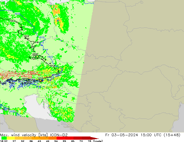 Max. wind velocity ICON-D2 Fr 03.05.2024 15 UTC