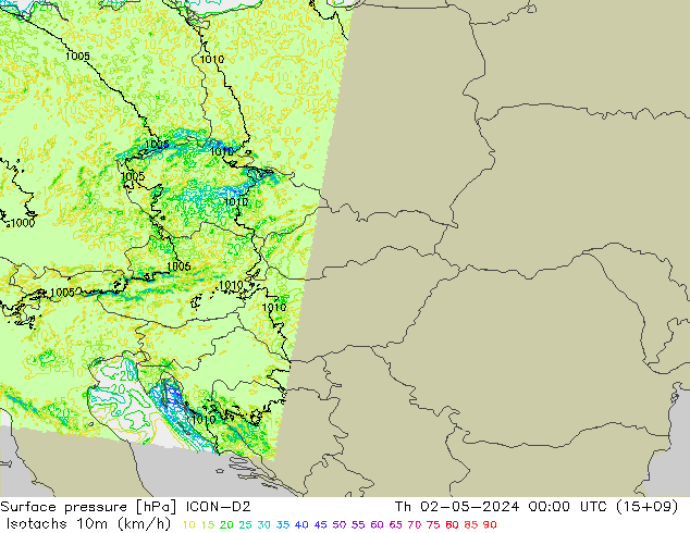 Isotachen (km/h) ICON-D2 do 02.05.2024 00 UTC