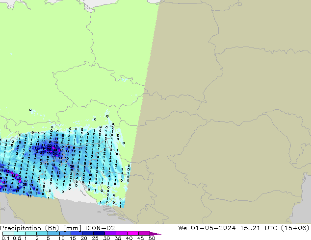 Precipitazione (6h) ICON-D2 mer 01.05.2024 21 UTC