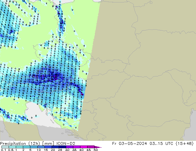 Yağış (12h) ICON-D2 Cu 03.05.2024 15 UTC