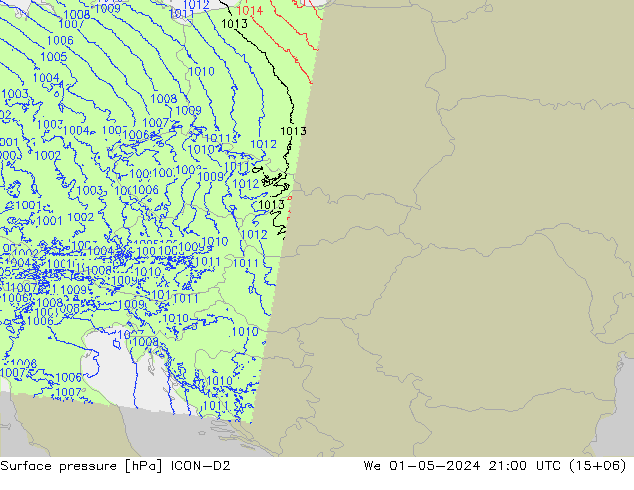 Pressione al suolo ICON-D2 mer 01.05.2024 21 UTC