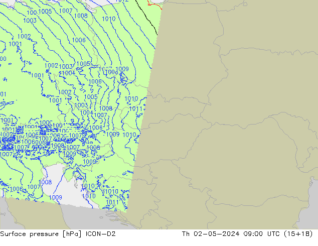 Surface pressure ICON-D2 Th 02.05.2024 09 UTC