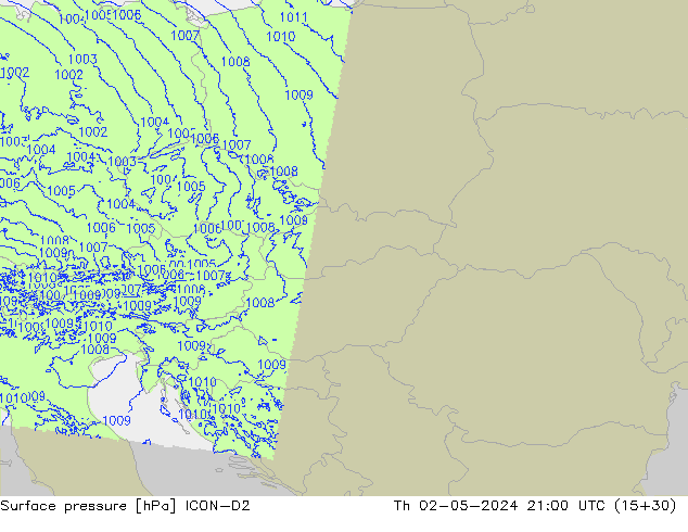 Surface pressure ICON-D2 Th 02.05.2024 21 UTC