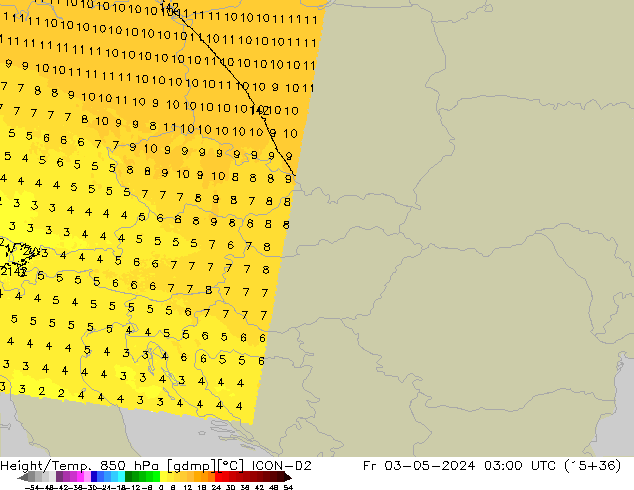 Hoogte/Temp. 850 hPa ICON-D2 vr 03.05.2024 03 UTC