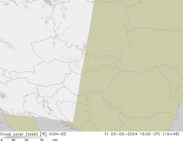 Cloud cover (total) ICON-D2 Pá 03.05.2024 15 UTC