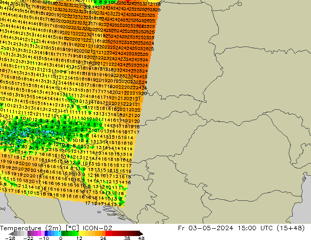 Temperatura (2m) ICON-D2 ven 03.05.2024 15 UTC