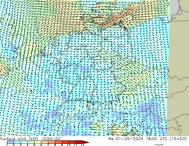 Wind 10 m (bft) ICON-D2 wo 01.05.2024 18 UTC