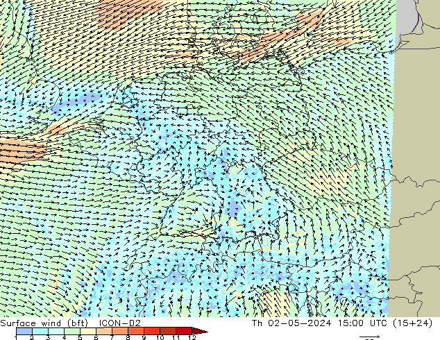 Surface wind (bft) ICON-D2 Th 02.05.2024 15 UTC