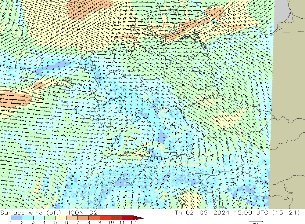 Surface wind (bft) ICON-D2 Th 02.05.2024 15 UTC