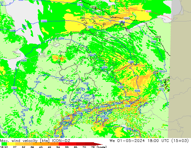 Max. wind velocity ICON-D2 śro. 01.05.2024 18 UTC