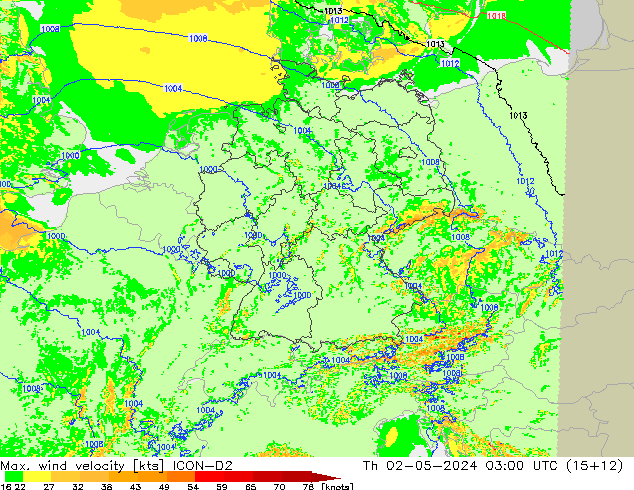 Max. wind velocity ICON-D2 czw. 02.05.2024 03 UTC