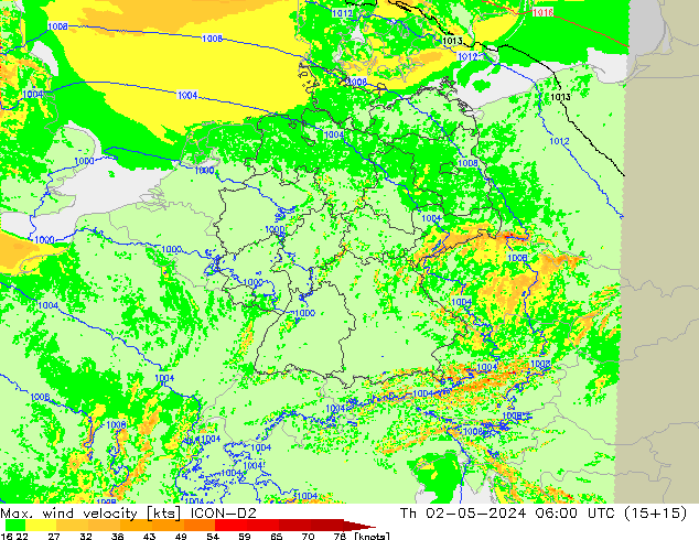 Max. wind velocity ICON-D2 Th 02.05.2024 06 UTC