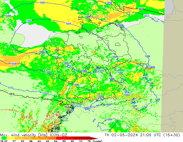 Max. wind velocity ICON-D2 jue 02.05.2024 21 UTC