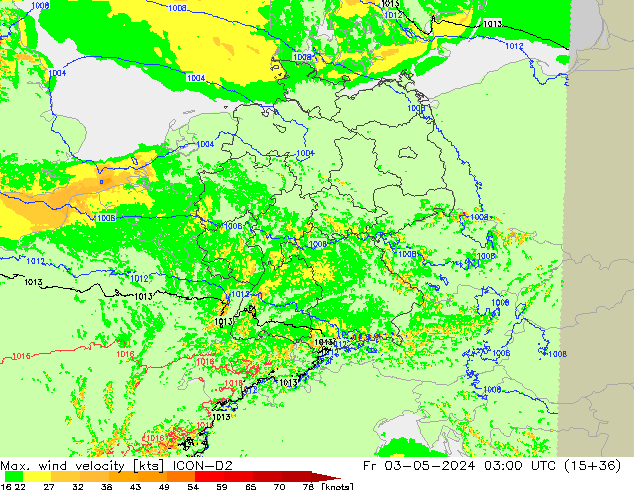 Max. wind velocity ICON-D2 Fr 03.05.2024 03 UTC