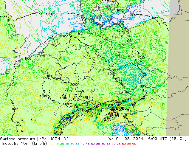 Isotachs (kph) ICON-D2 mer 01.05.2024 16 UTC