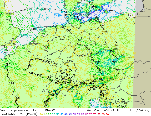 Eşrüzgar Hızları (km/sa) ICON-D2 Çar 01.05.2024 18 UTC