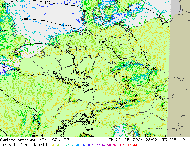 Isotachs (kph) ICON-D2 Th 02.05.2024 03 UTC