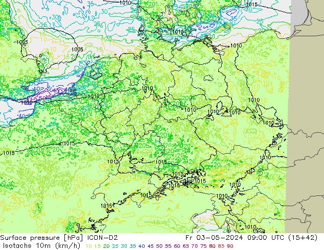 Isotachs (kph) ICON-D2 Sex 03.05.2024 09 UTC