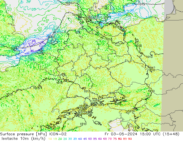 Isotachen (km/h) ICON-D2 vr 03.05.2024 15 UTC