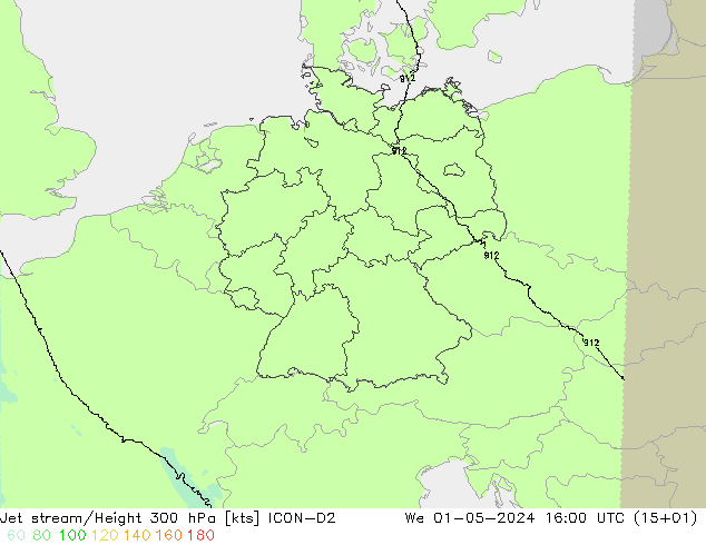 Jet stream ICON-D2 Qua 01.05.2024 16 UTC